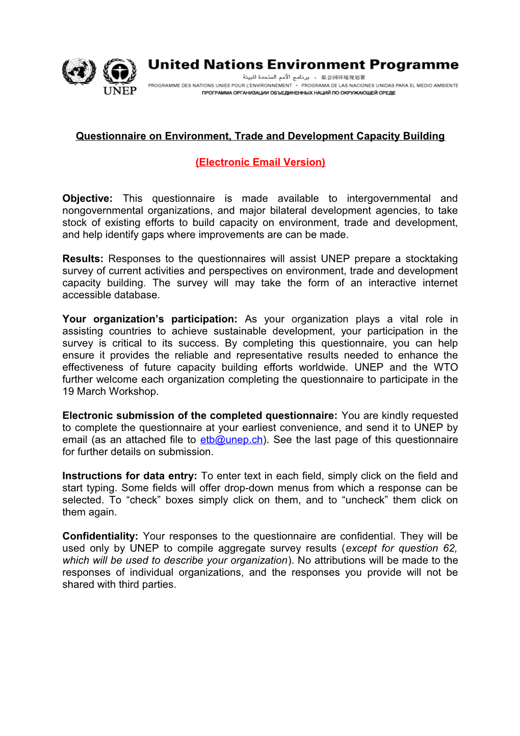 Questionnaire on Environment, Trade and Development Capacity Building