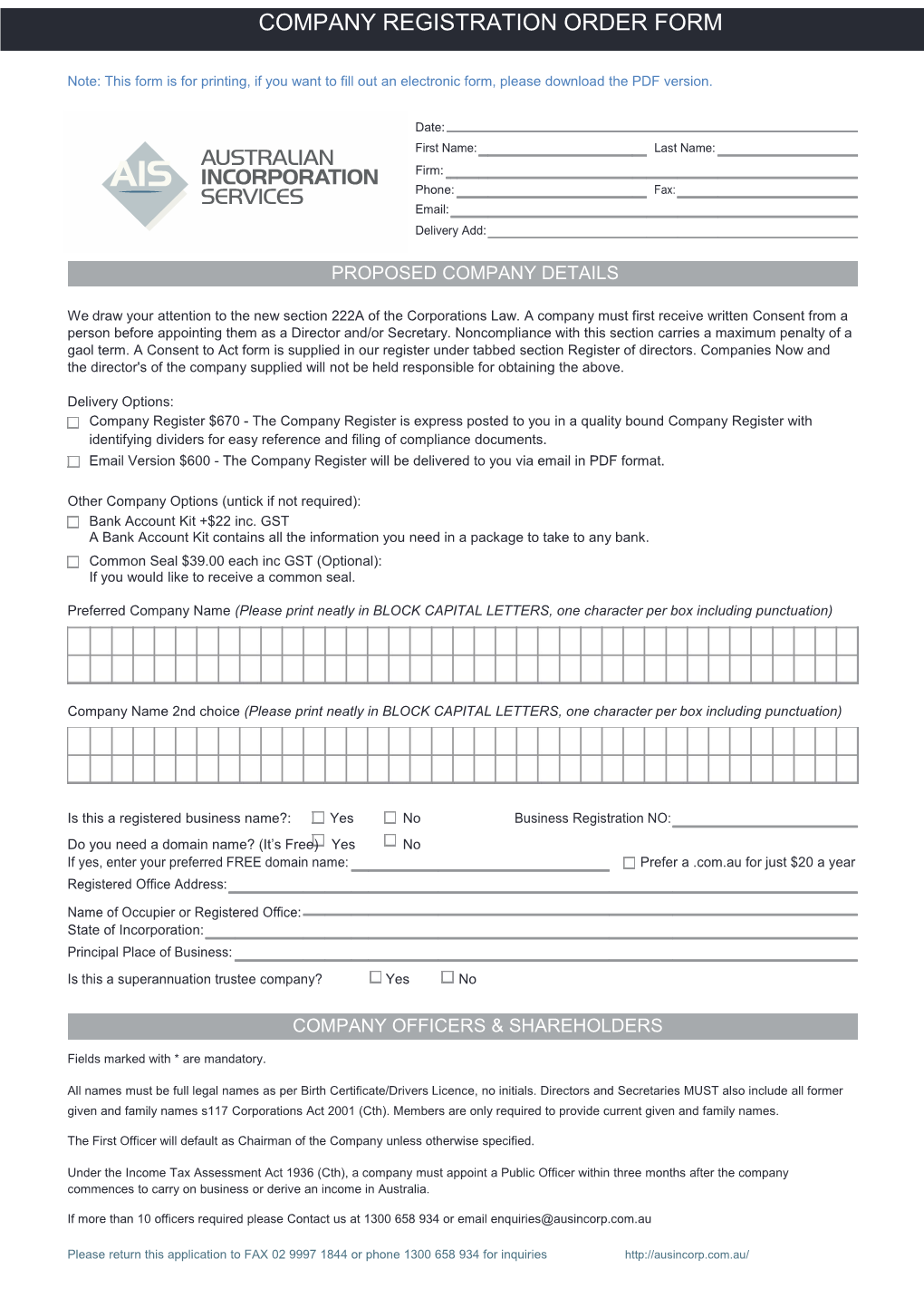 Company Registration Order Form