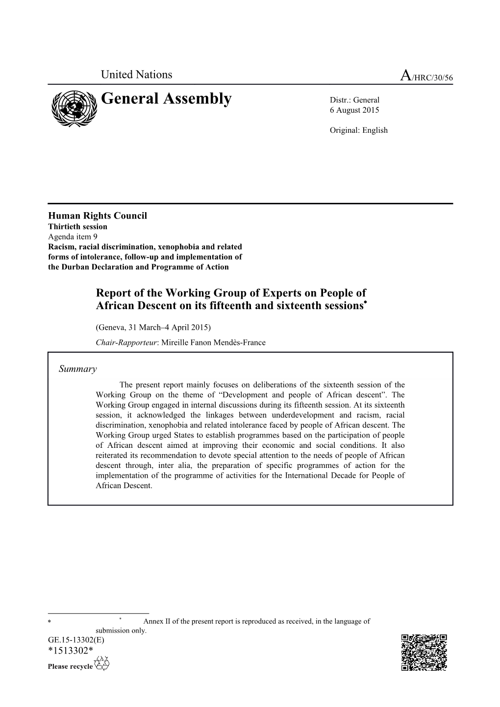 Report of the Working Group of Experts on People of African Descent on Its Fifteenth And