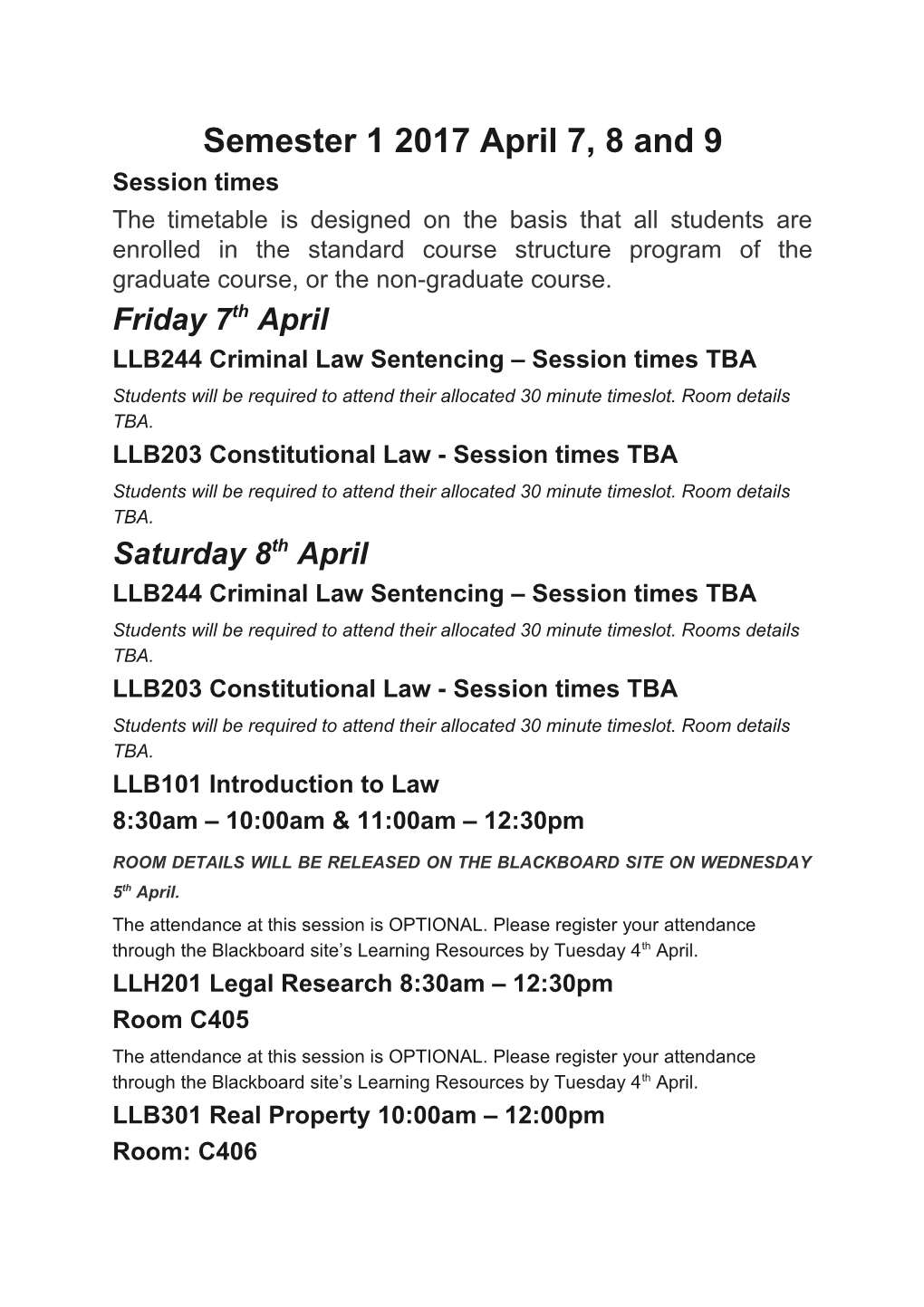 External Law Students Attendance School Semester 1 2017 Timetable