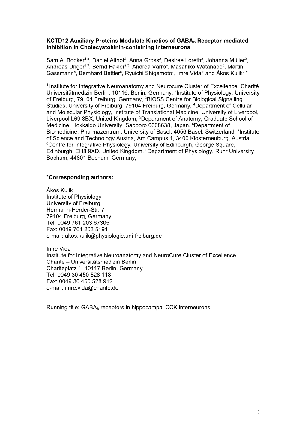 KCTD12 Auxiliary Proteins Modulate Kinetics of GABAB Receptor-Mediated Inhibition In