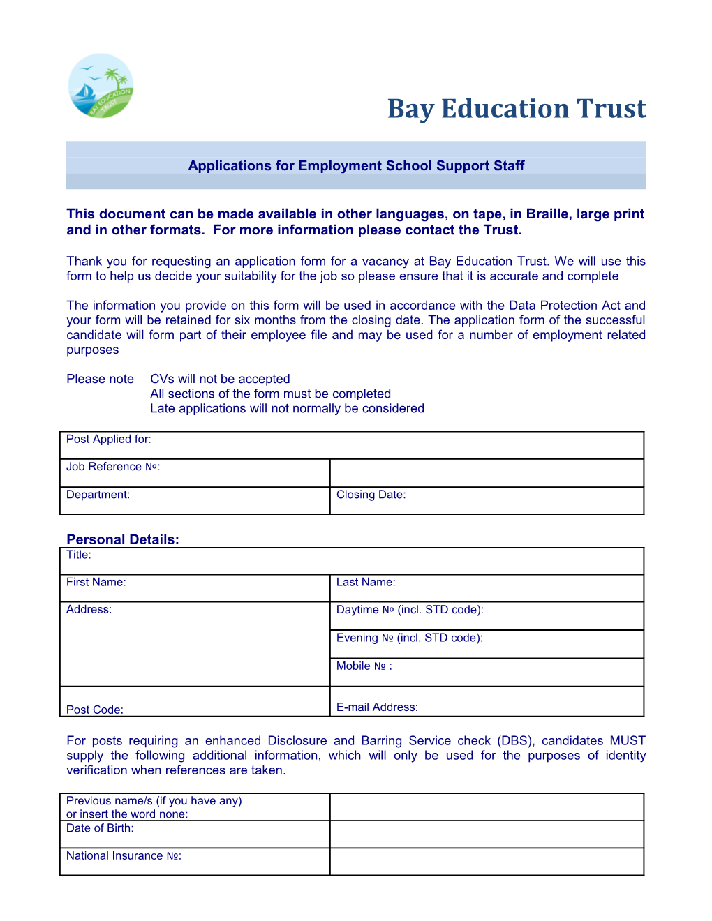 Applications for Employment School Support Staff