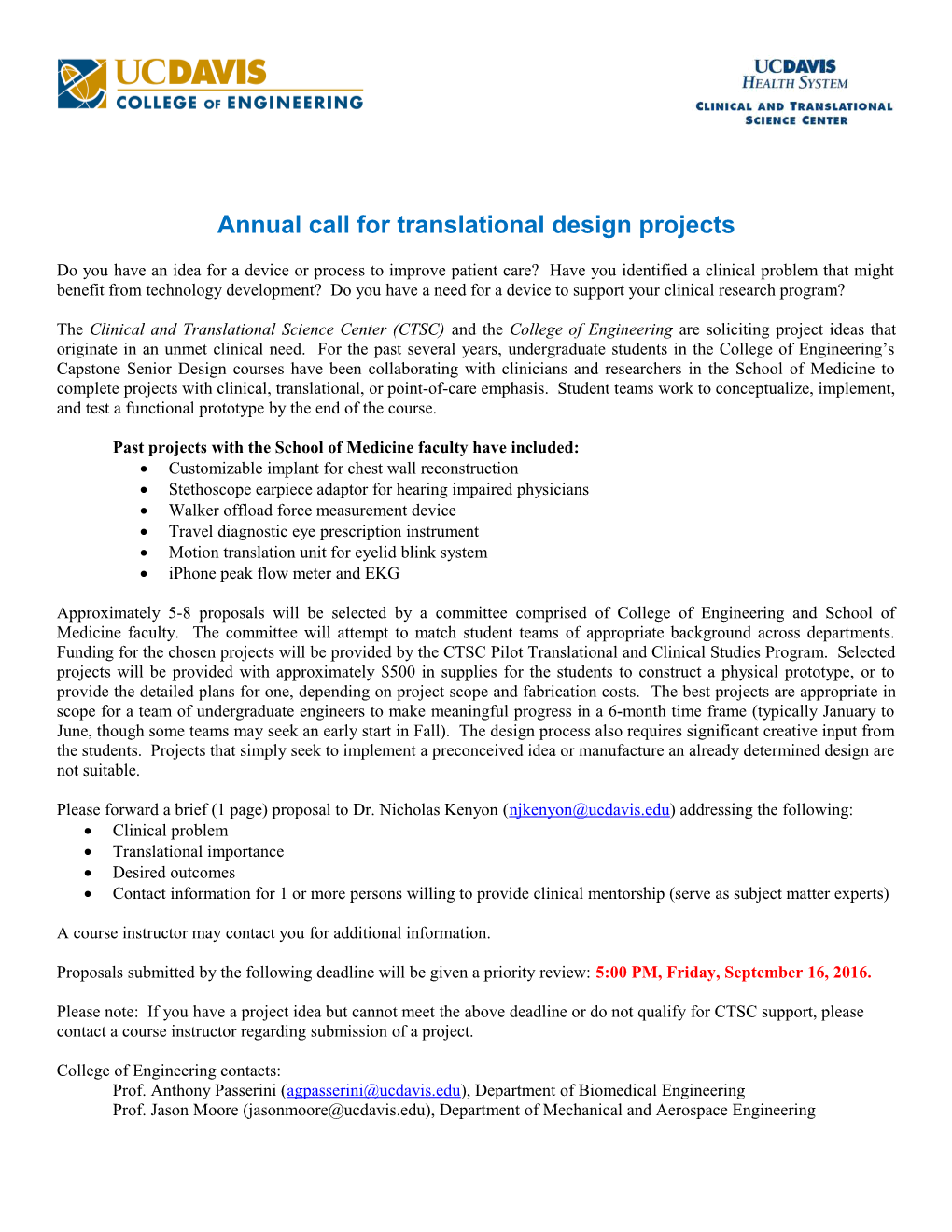 Annual Call for Translational Design Projects