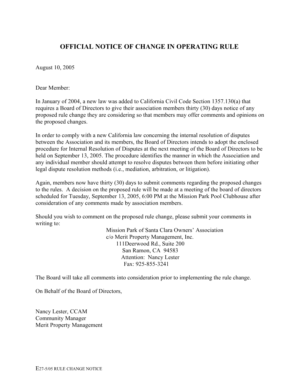 Official Notice of Operating Rule Change