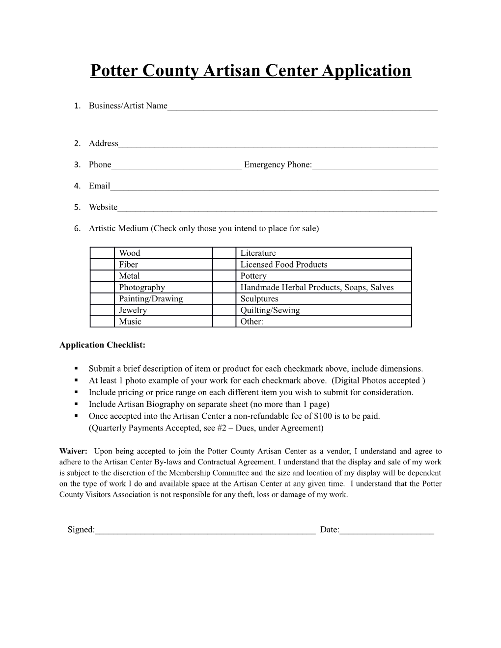 Potter County Artisan Center Application