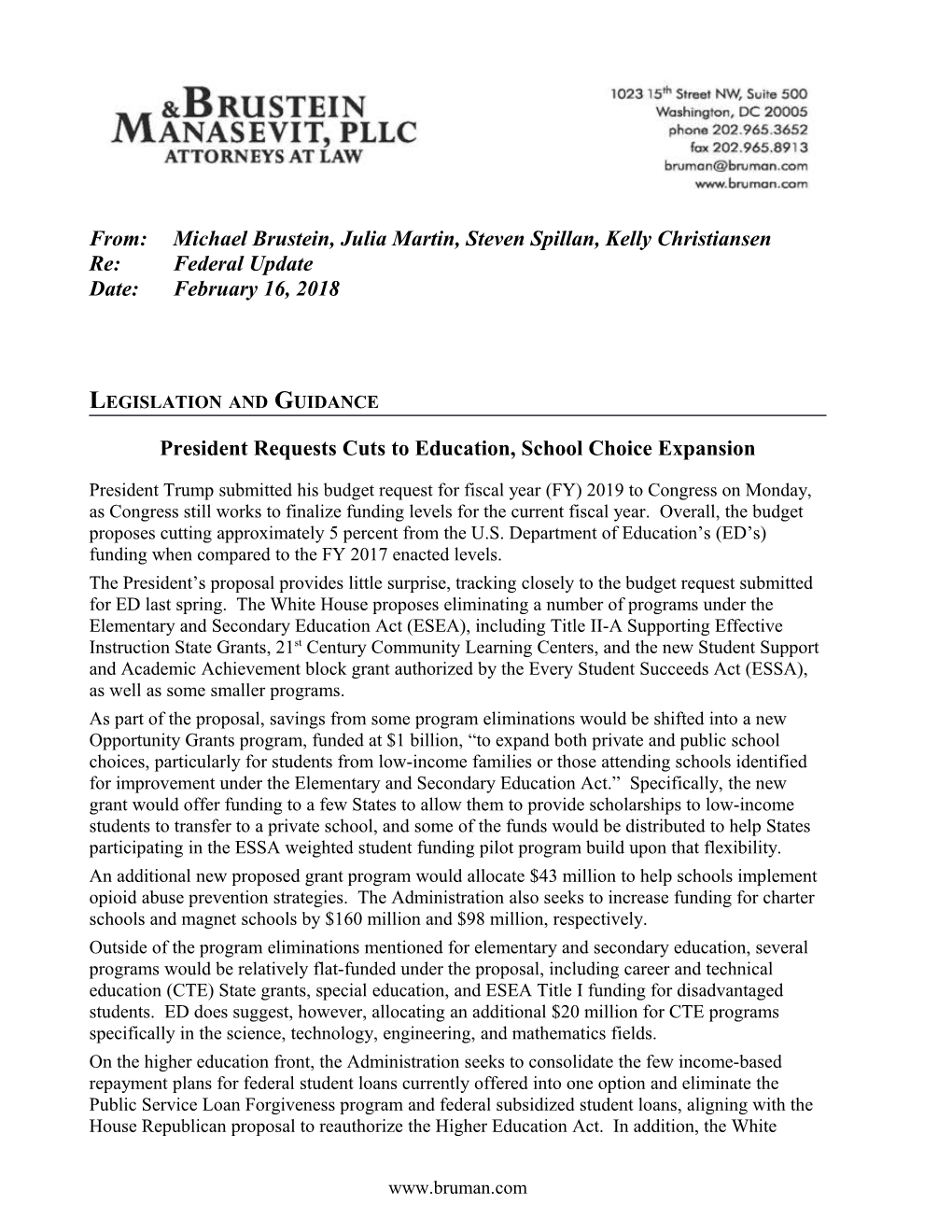 Federal Update February 16, 2018 - Government Affairs (CA Dept of Education)