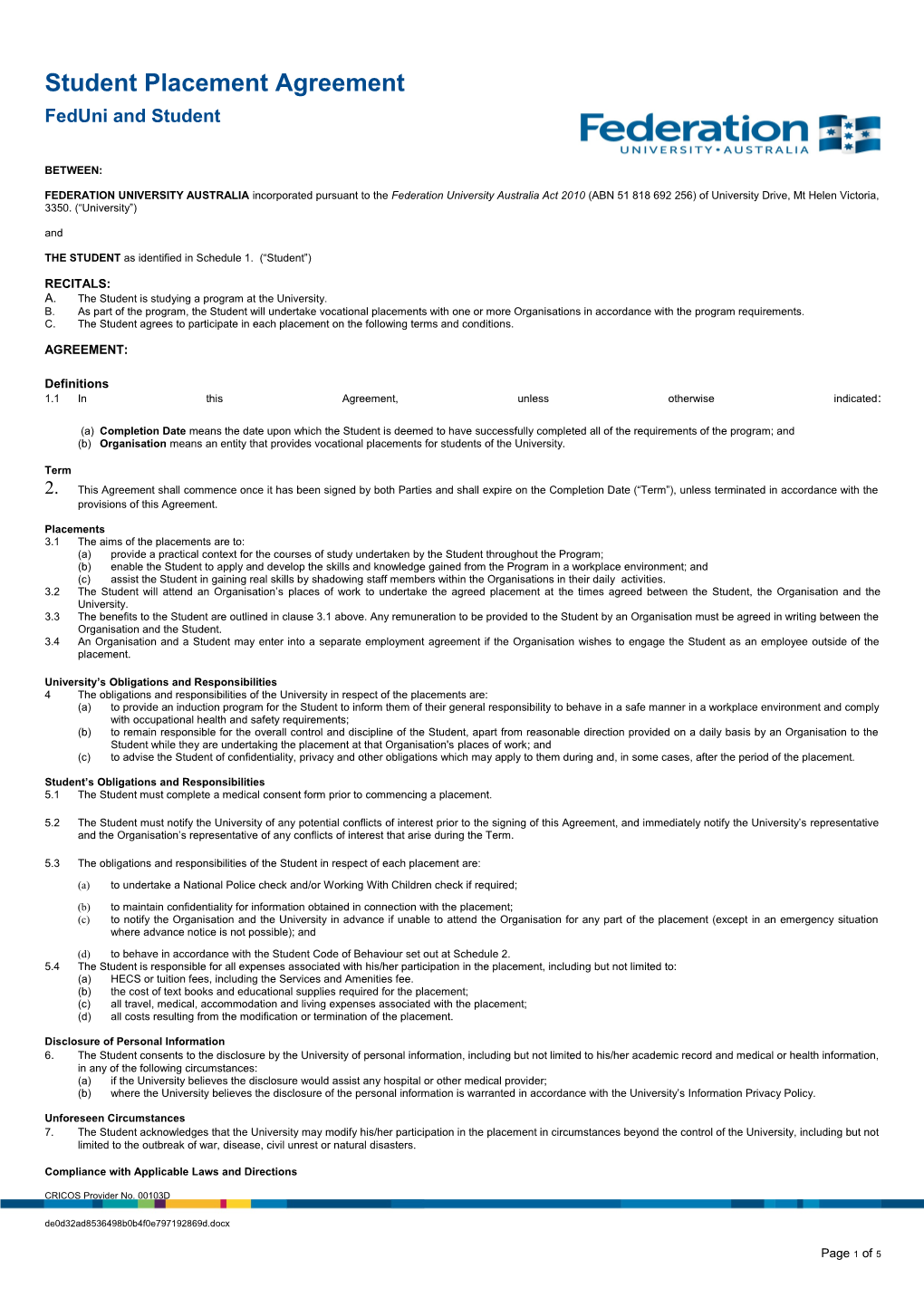 Studentplacement Agreement