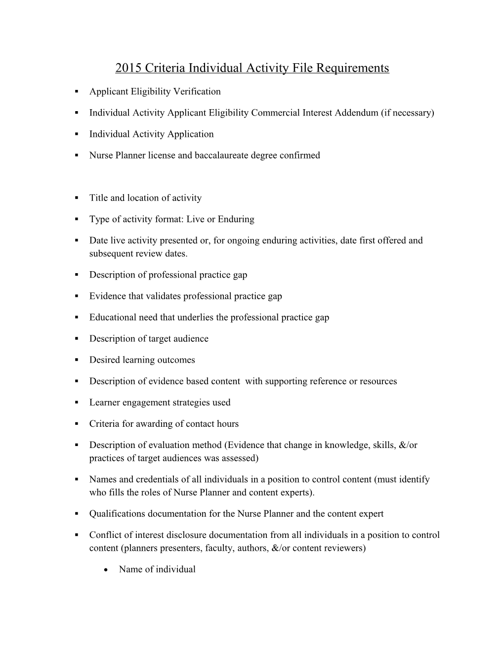 2015 Criteria Individual Activity File Requirements