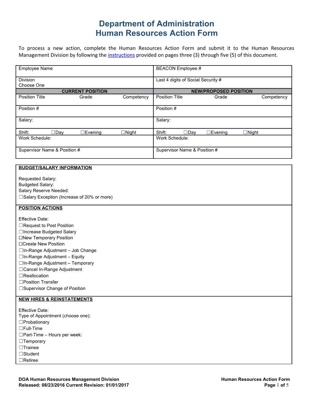 Human Resources Action Form