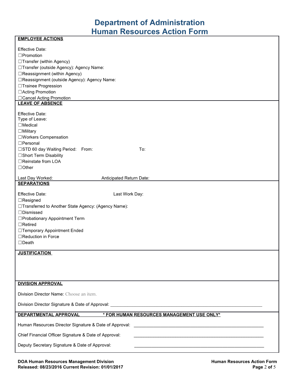 Human Resources Action Form