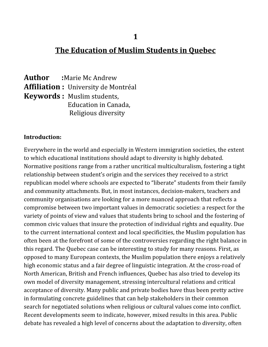 The Education of Muslim Students in Quebec