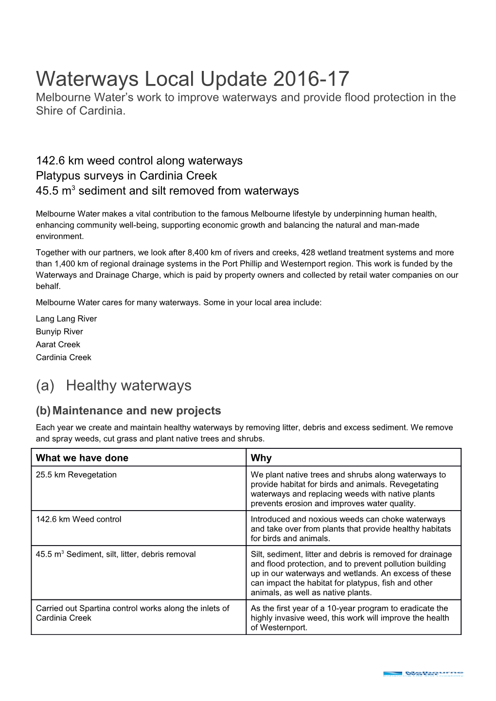 Shire of Cardinia Waterways Local Update 2016-17