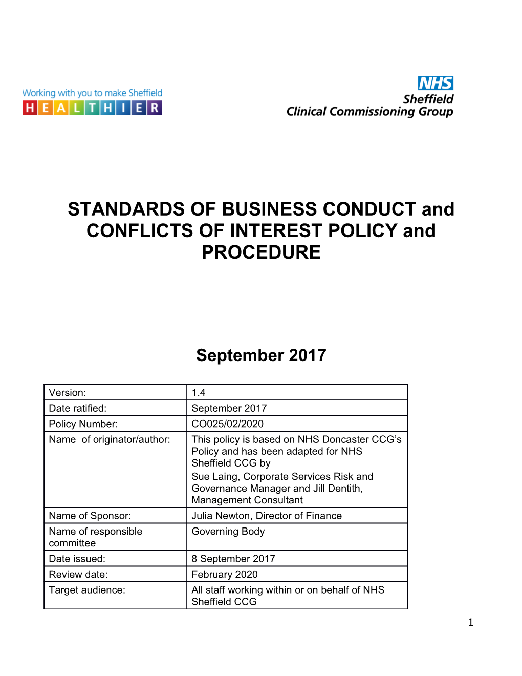 STANDARDS of BUSINESS CONDUCT and CONFLICTS of INTEREST POLICY and PROCEDURE