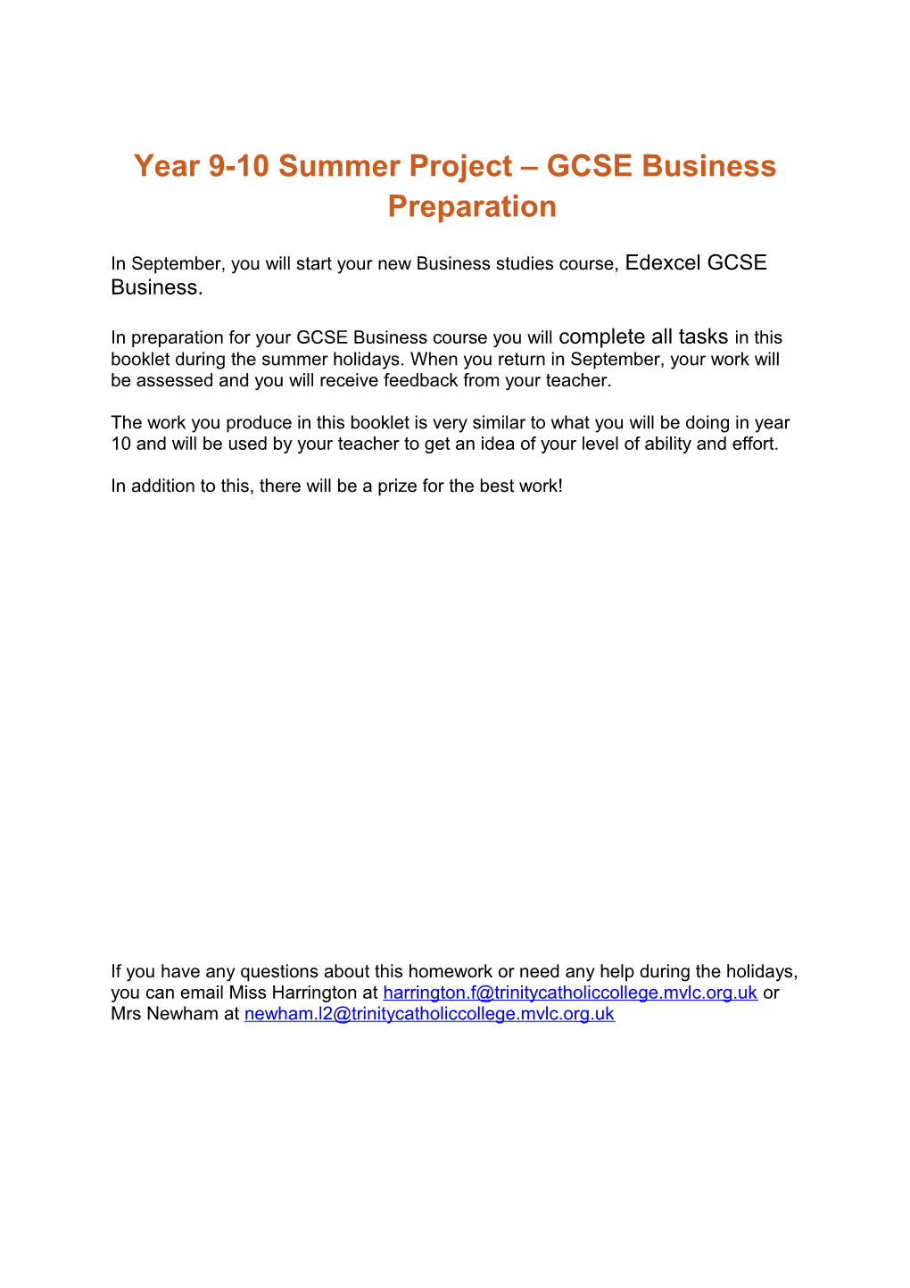 Year 9-10 Summer Project GCSE Business Preparation
