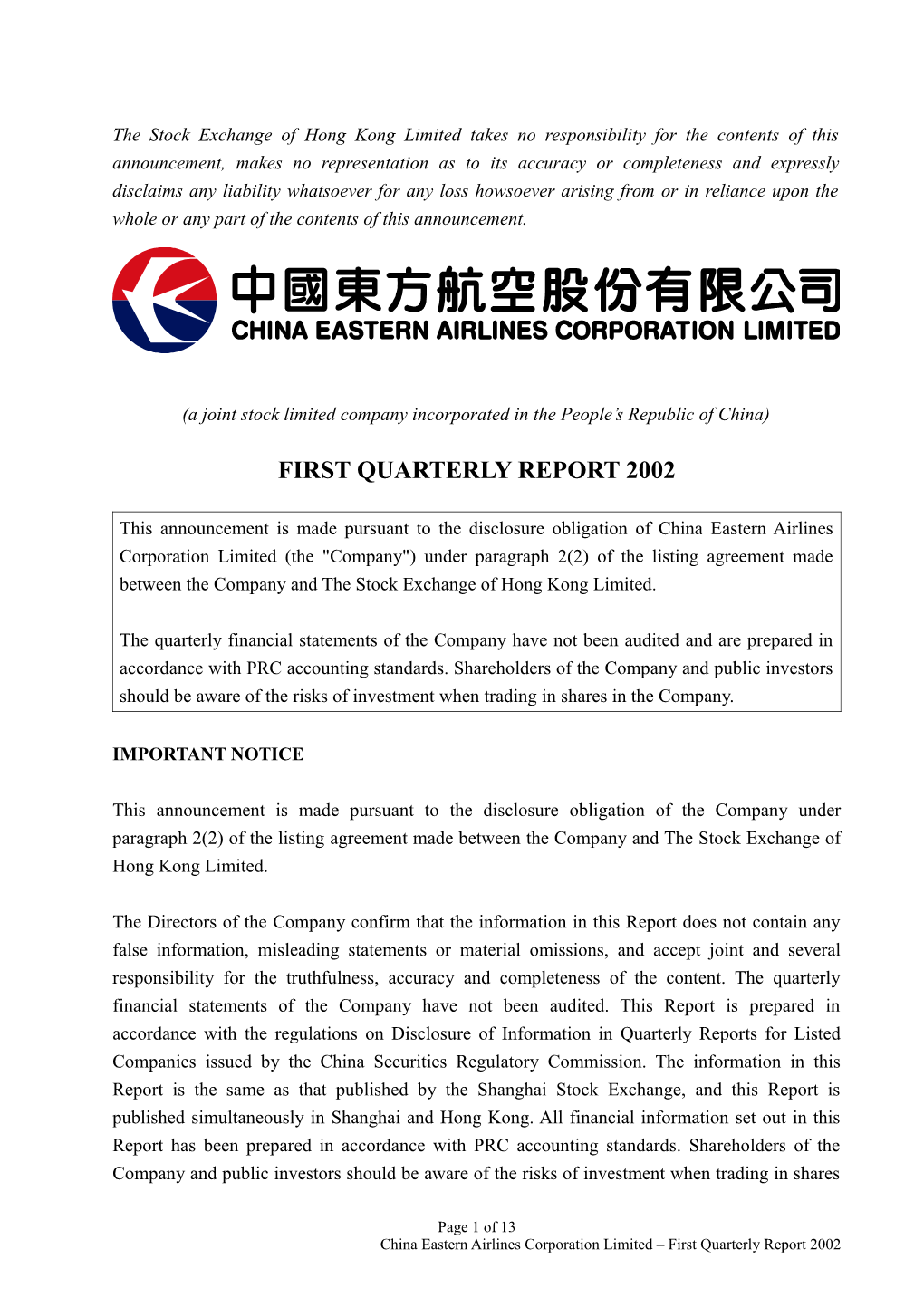 CHINA EAST AIR 00670 - Announcement