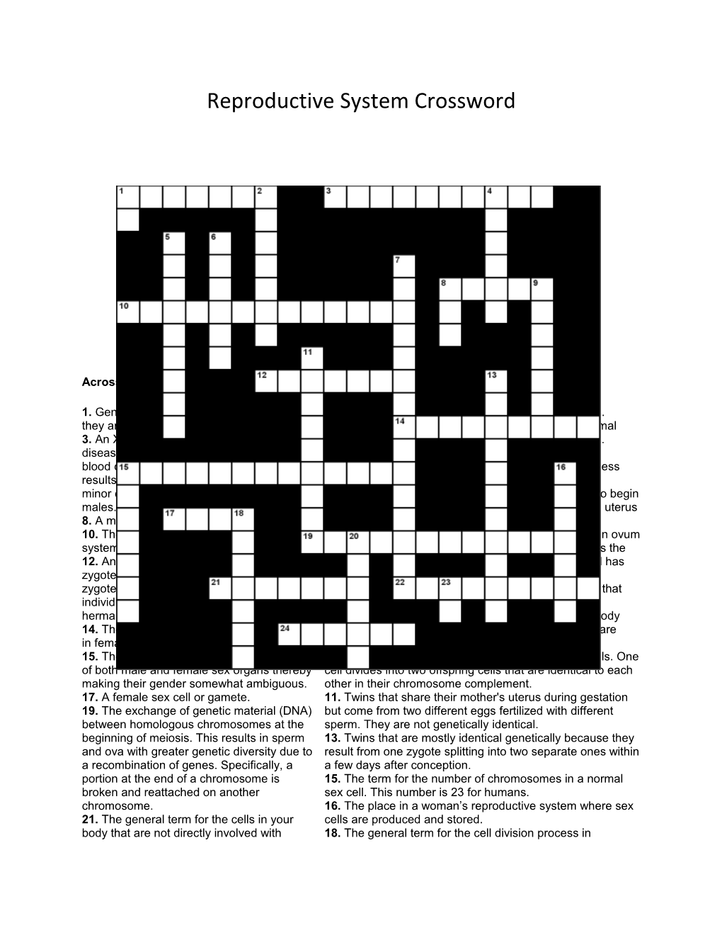 Reproductive System Crossword