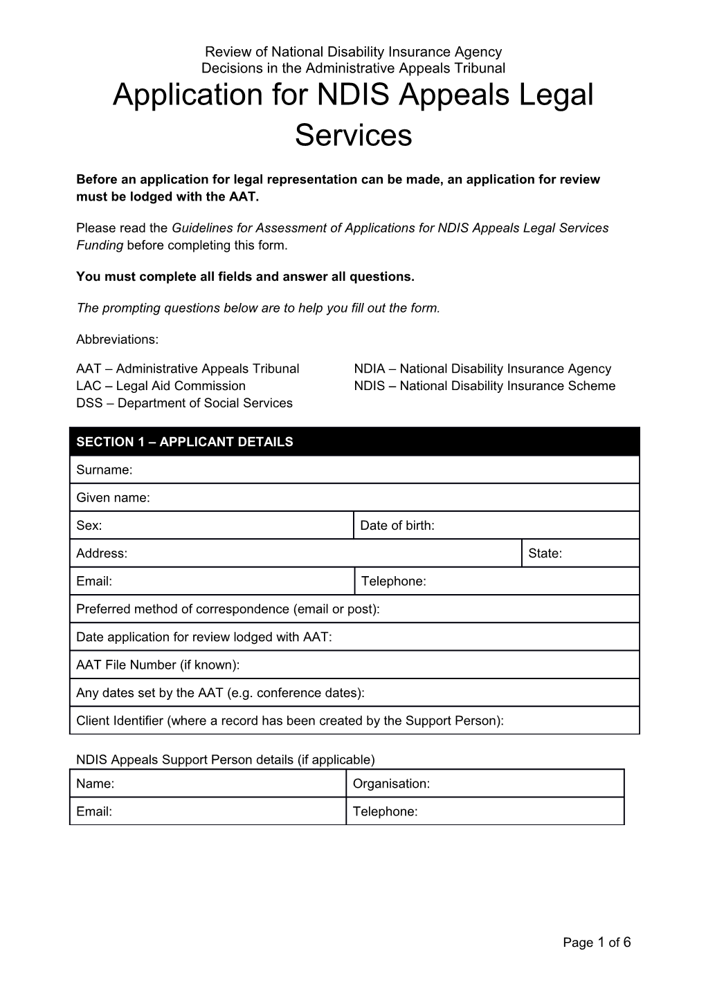 Application for NDIS Appeals Legal Service