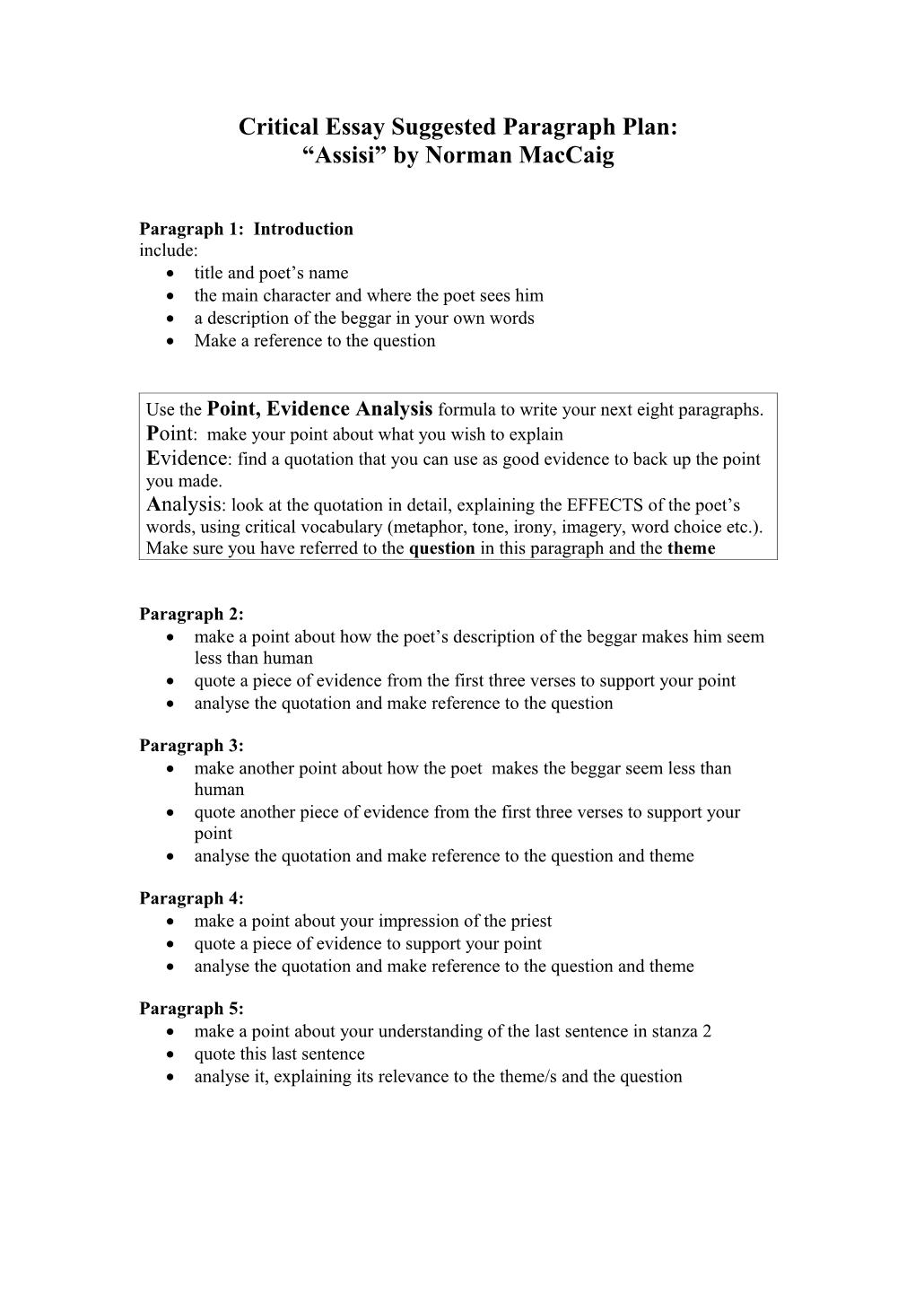 Critical Essay Suggested Paragraph Plan