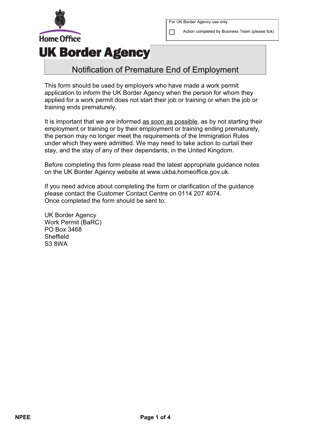 Notification of Premature End of Employment