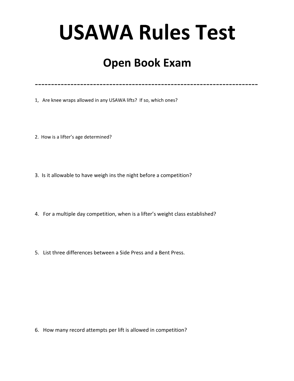 USAWA Rules Test Open Book Exam