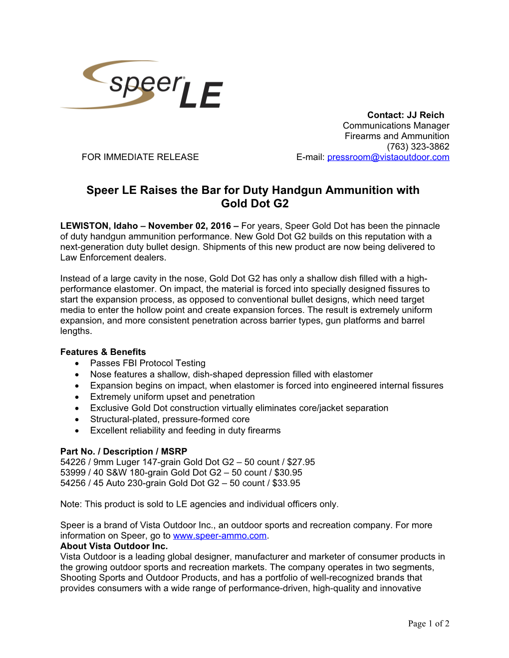 Speer LE Raises the Bar for Duty Handgun Ammunition With