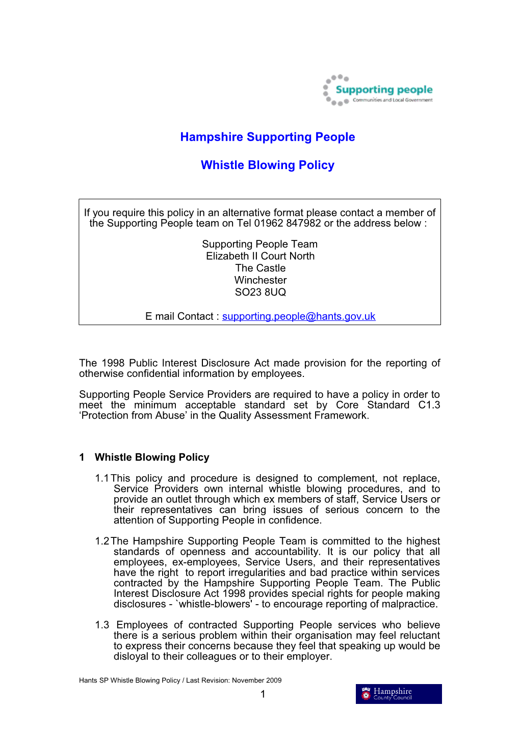 Hampshire Supporting People Whistle Blowing Policy