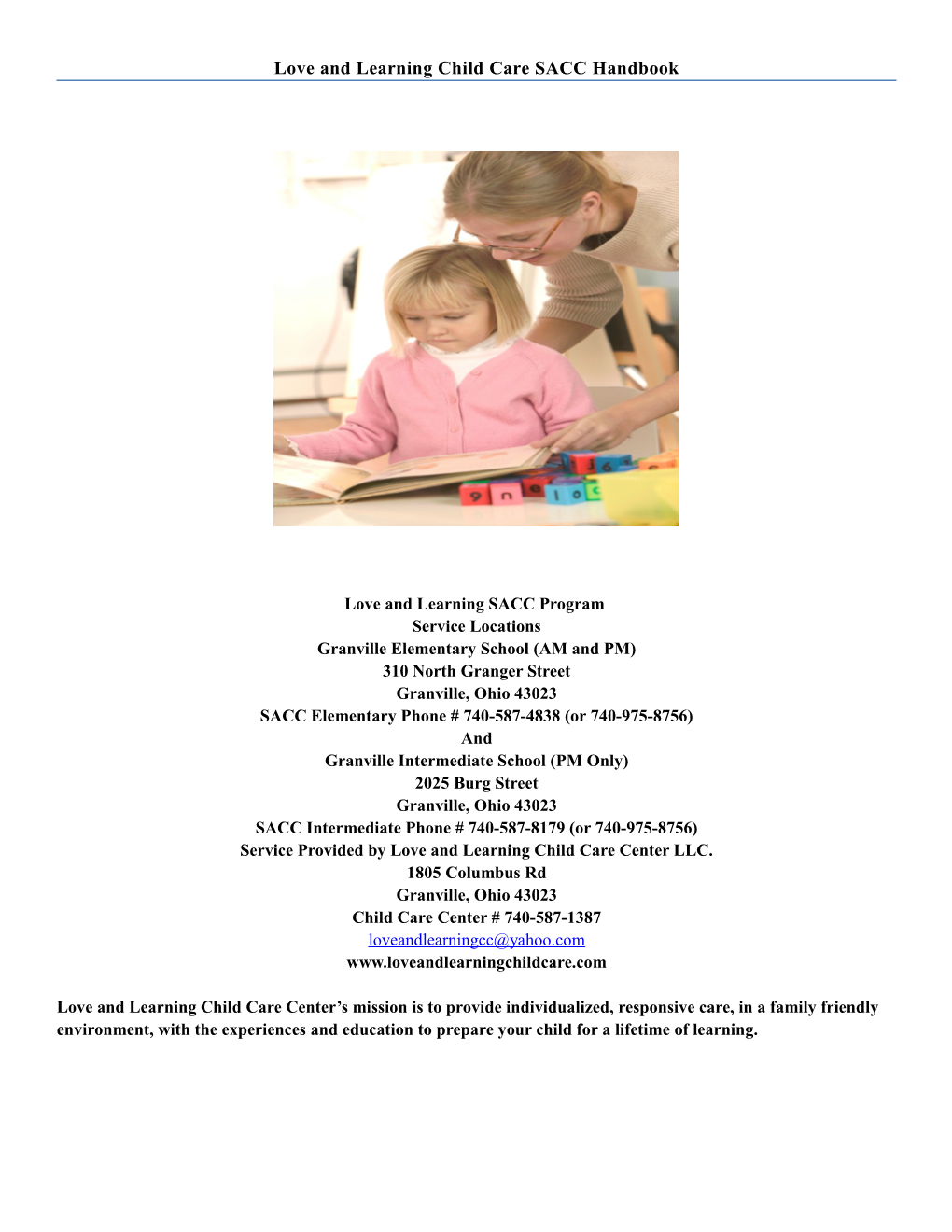 Love and Learning Child Care SACC Handbook