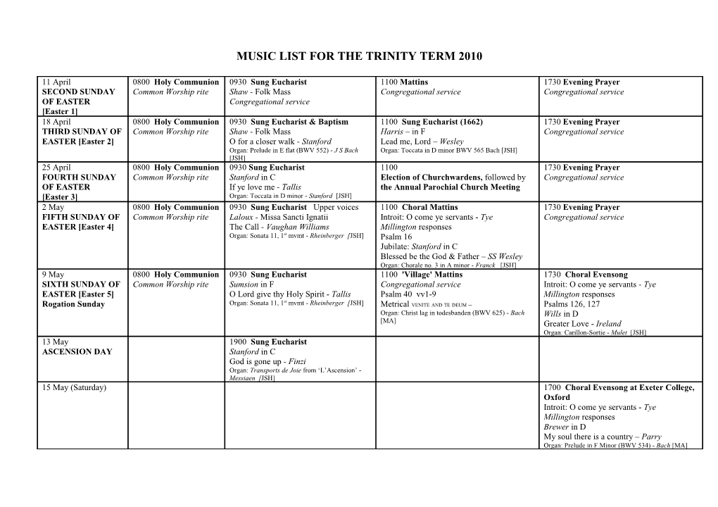Music List for the Trinity Term 2010