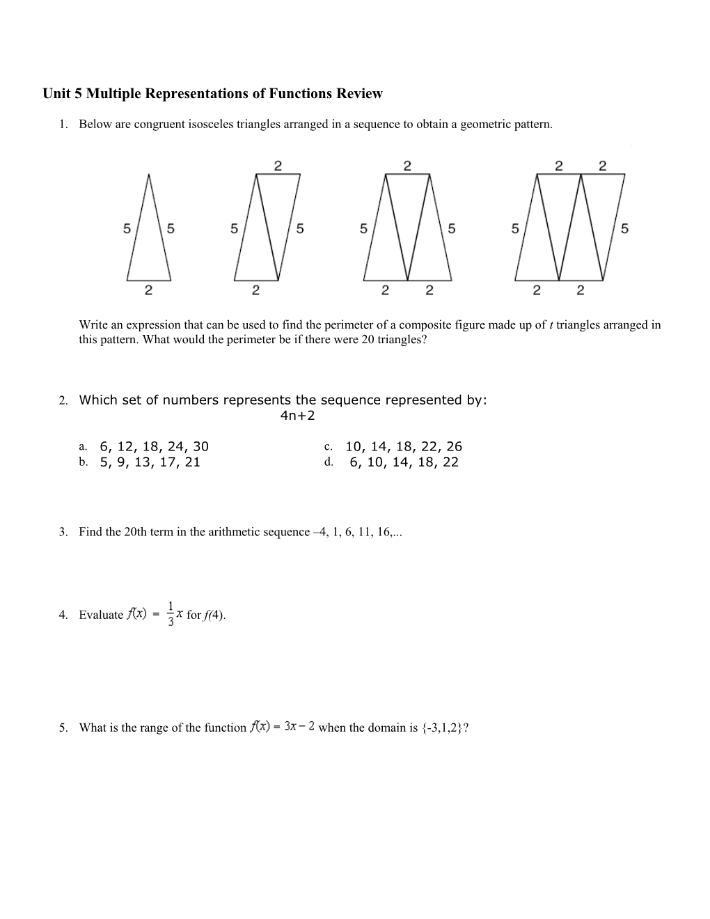 Unit 5 Multiple Representations of Functions Review