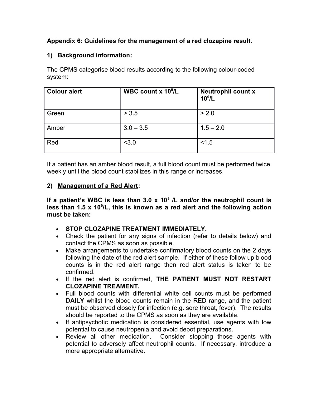 Appendix 6: Guidelines for the Management of a Red Clozapine Result