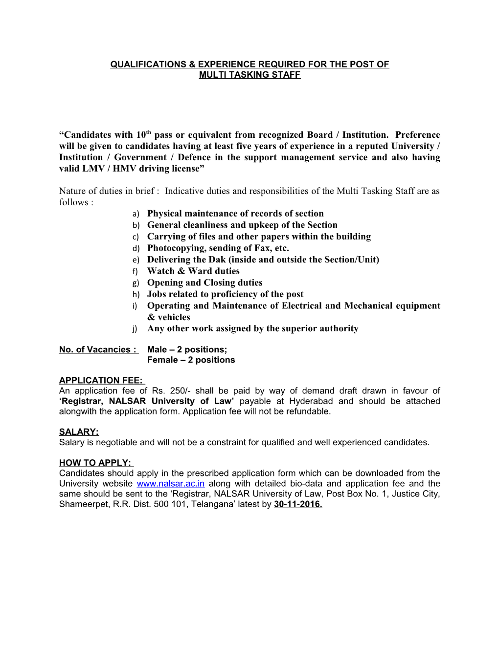 Qualifications & Experience Required for the Post Of