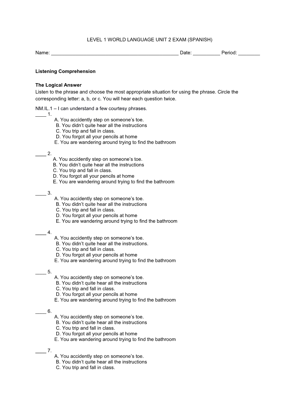 Level 1 World Language Unit 2 Exam (Spanish)