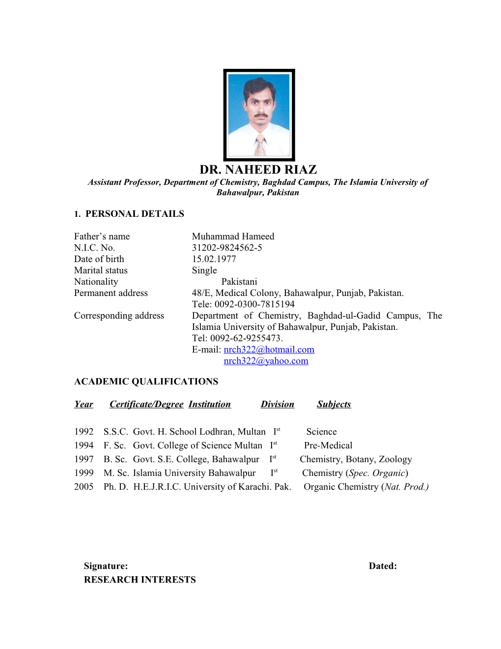 Assistant Professor, Department of Chemistry, Baghdad Campus, the Islamia University Of