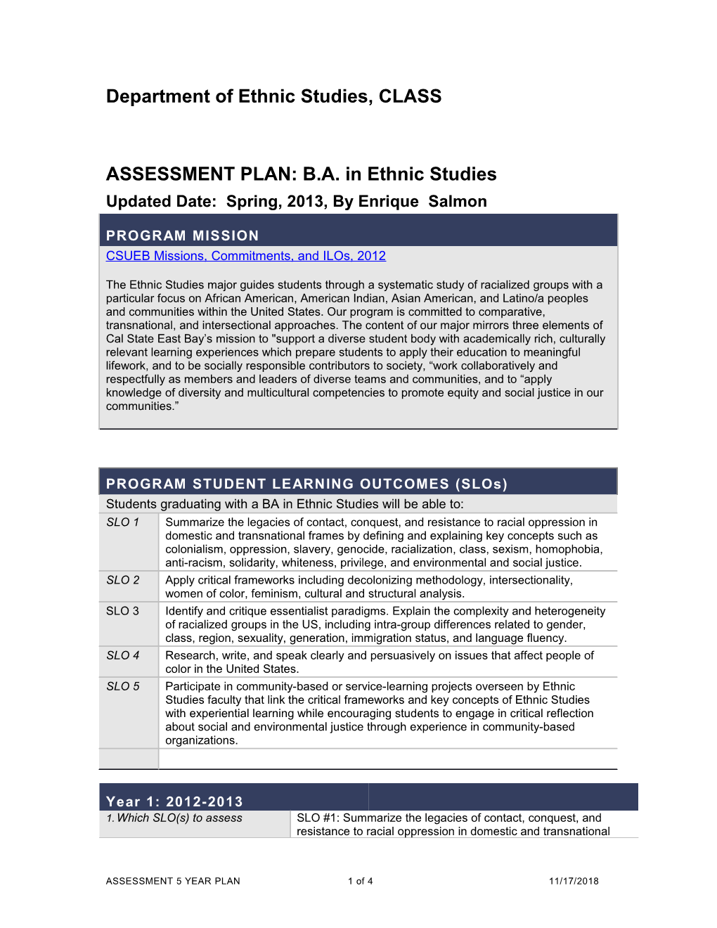 ASSESSMENT PLAN: B.A. in Ethnic Studies