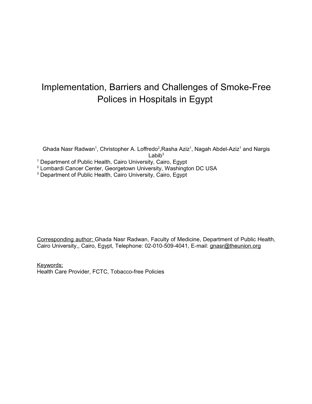Implementation, Barriers and Challenges of Tobacco-Free Polices in Hospitals in Egypt