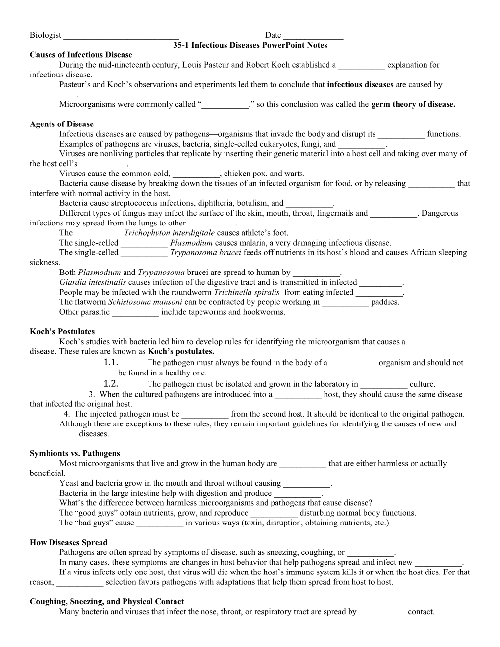 35-1 Infectious Diseases Powerpoint Notes