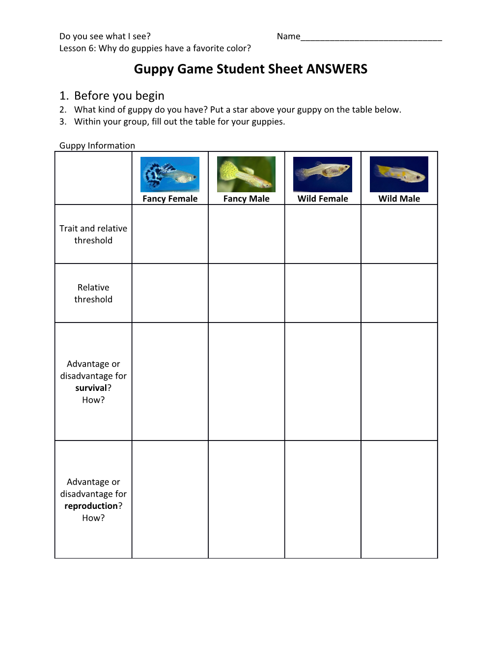 Guppy Game Student Sheet ANSWERS