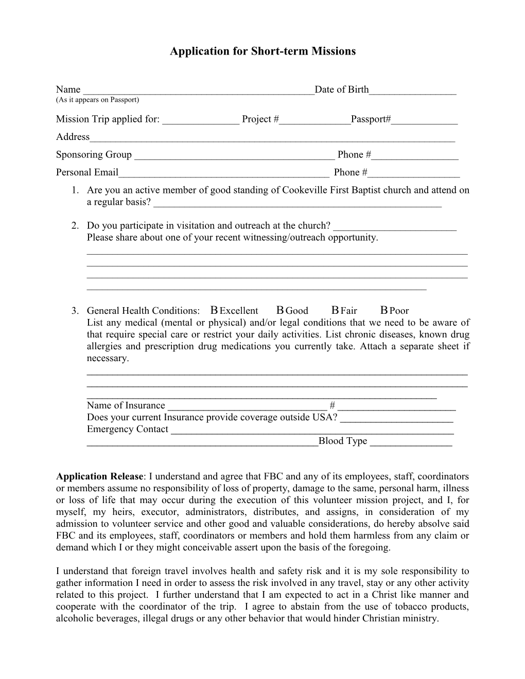 Application for International Short-Term Mission Scholarship