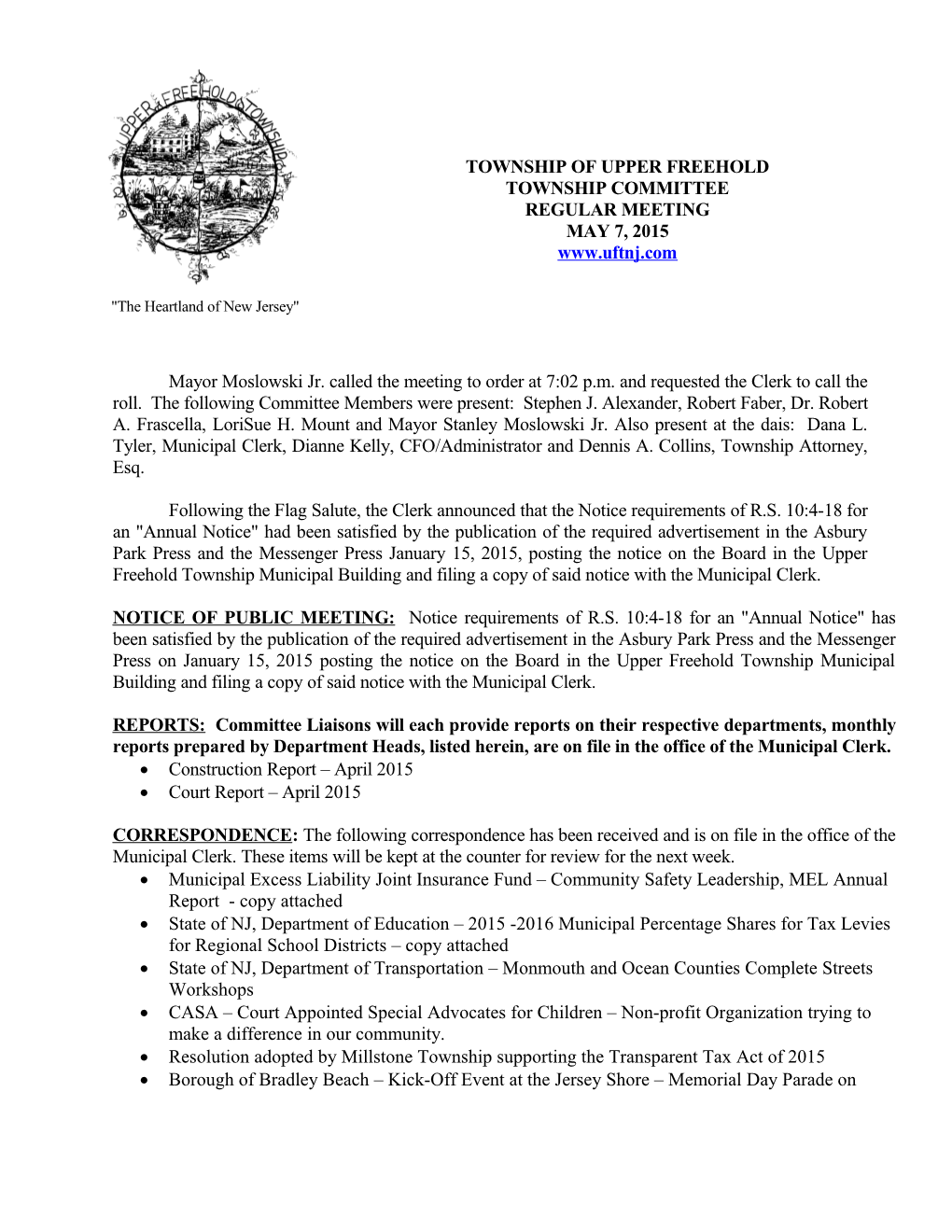 Upper Freehold Township Committee Regular Meeting May 7, 2015