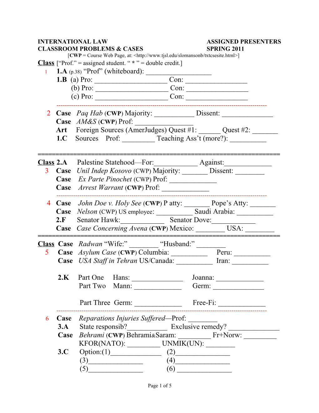 International Law Assigned Presenters