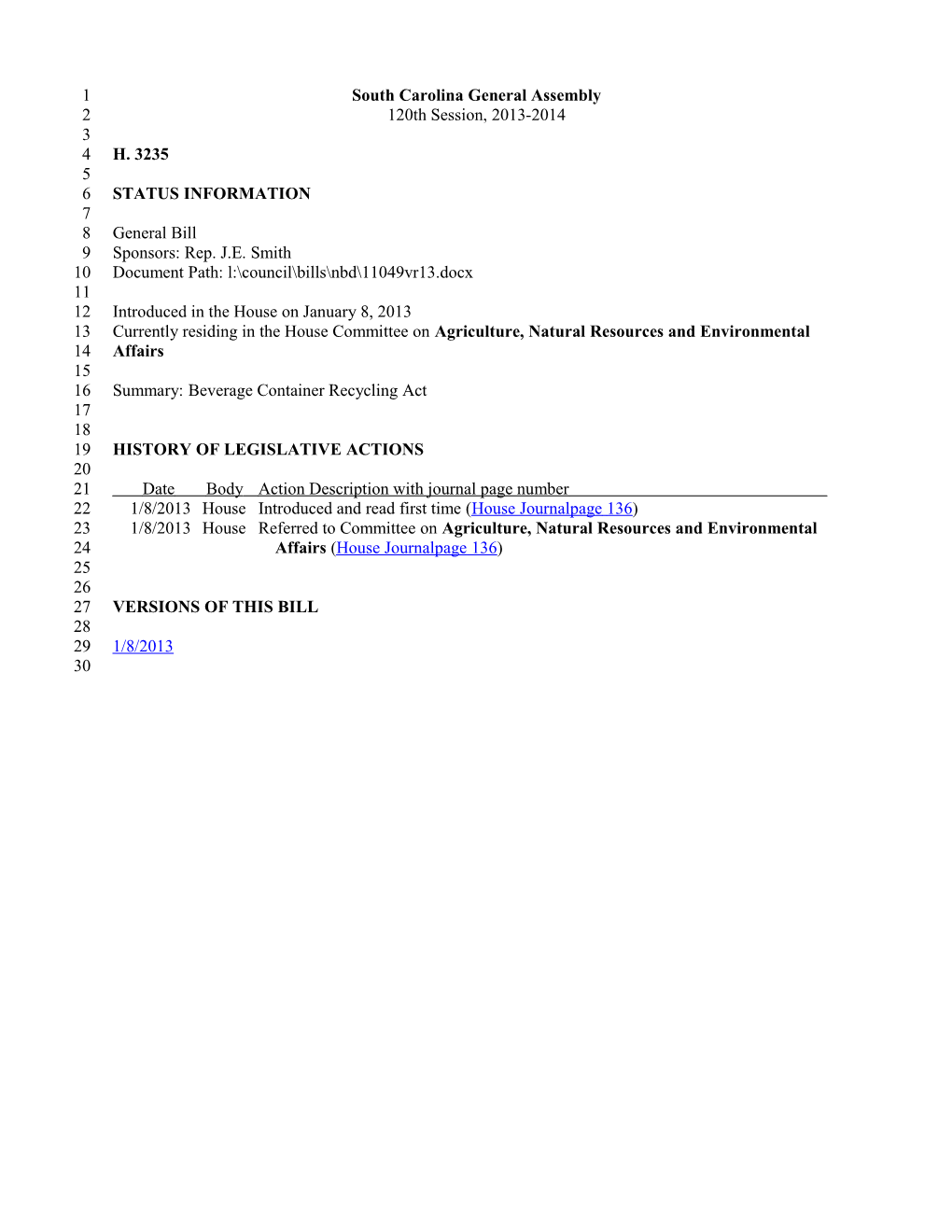 2013-2014 Bill 3235: Beverage Container Recycling Act - South Carolina Legislature Online