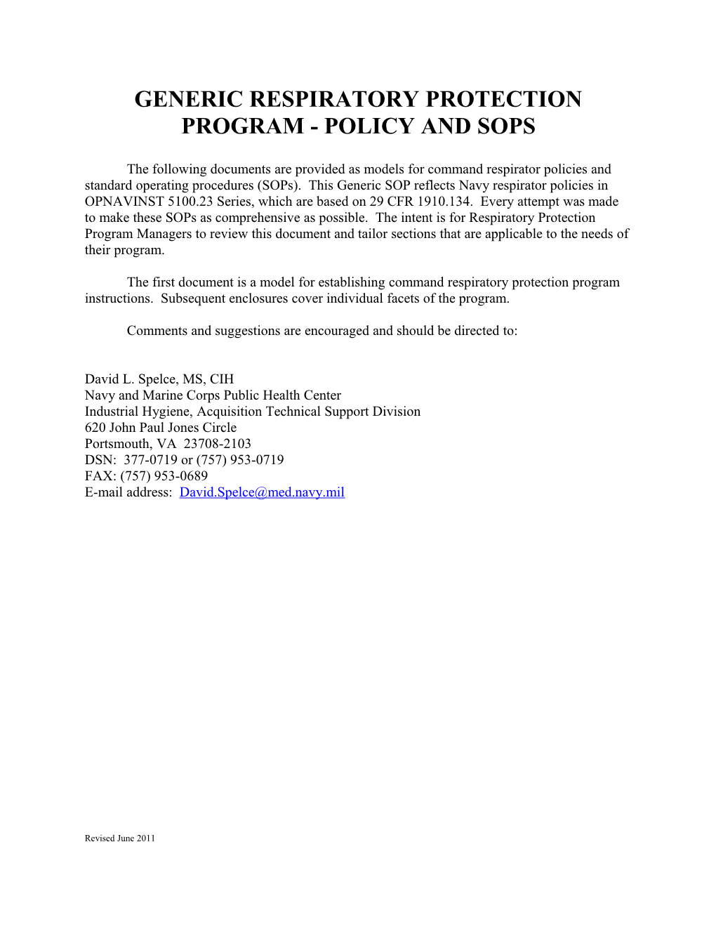 Generic Respiratory Protection Program - Policy and Sops