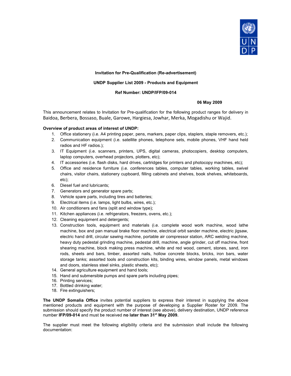 UNDP Expression of Interest