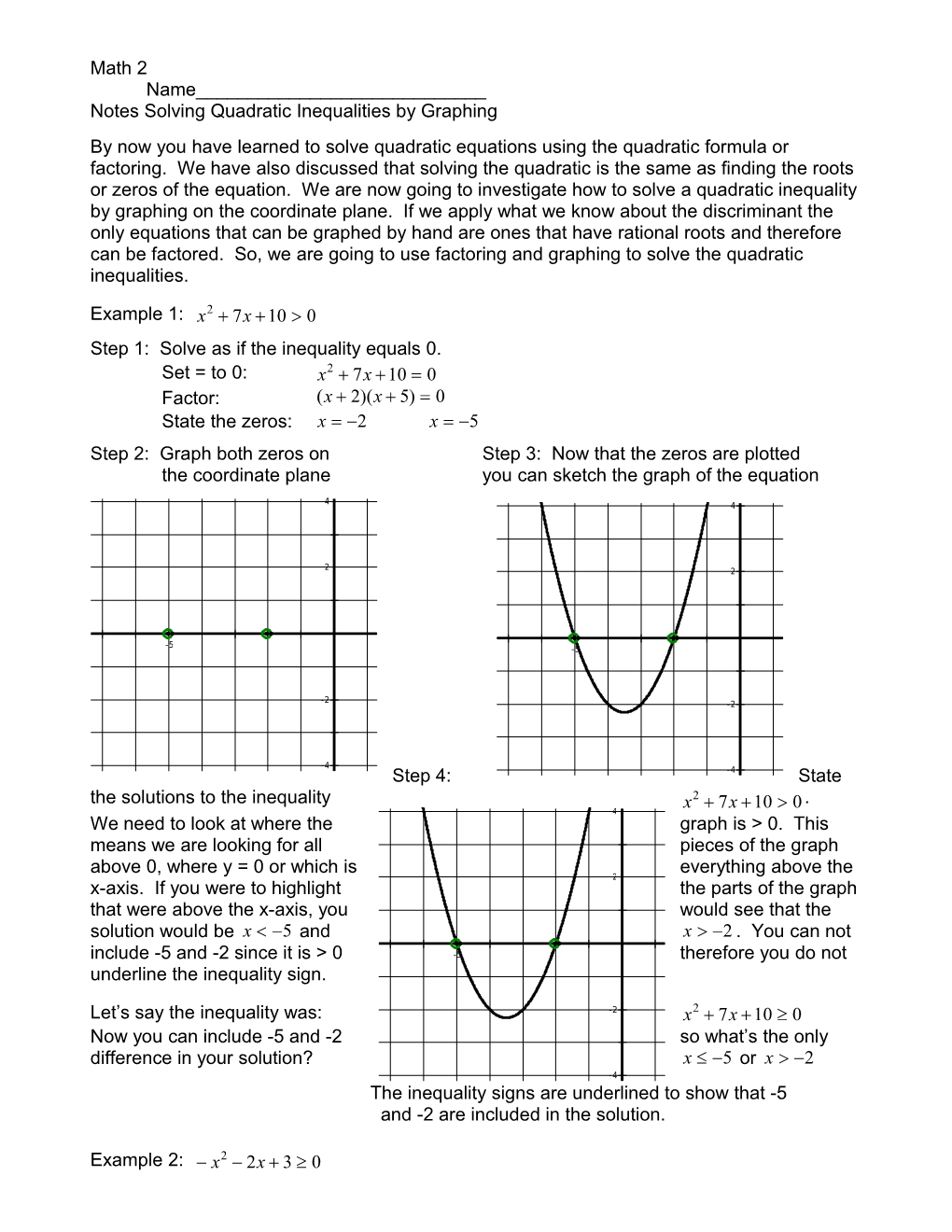 Notes Solving Quadratic Inequalities by Graphing