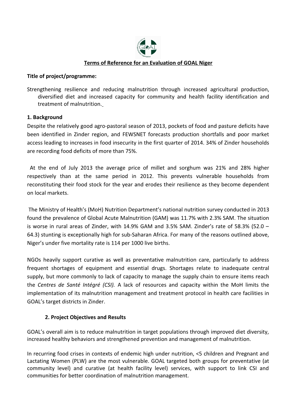 Terms of Reference for an Evaluation Ofgoal Niger