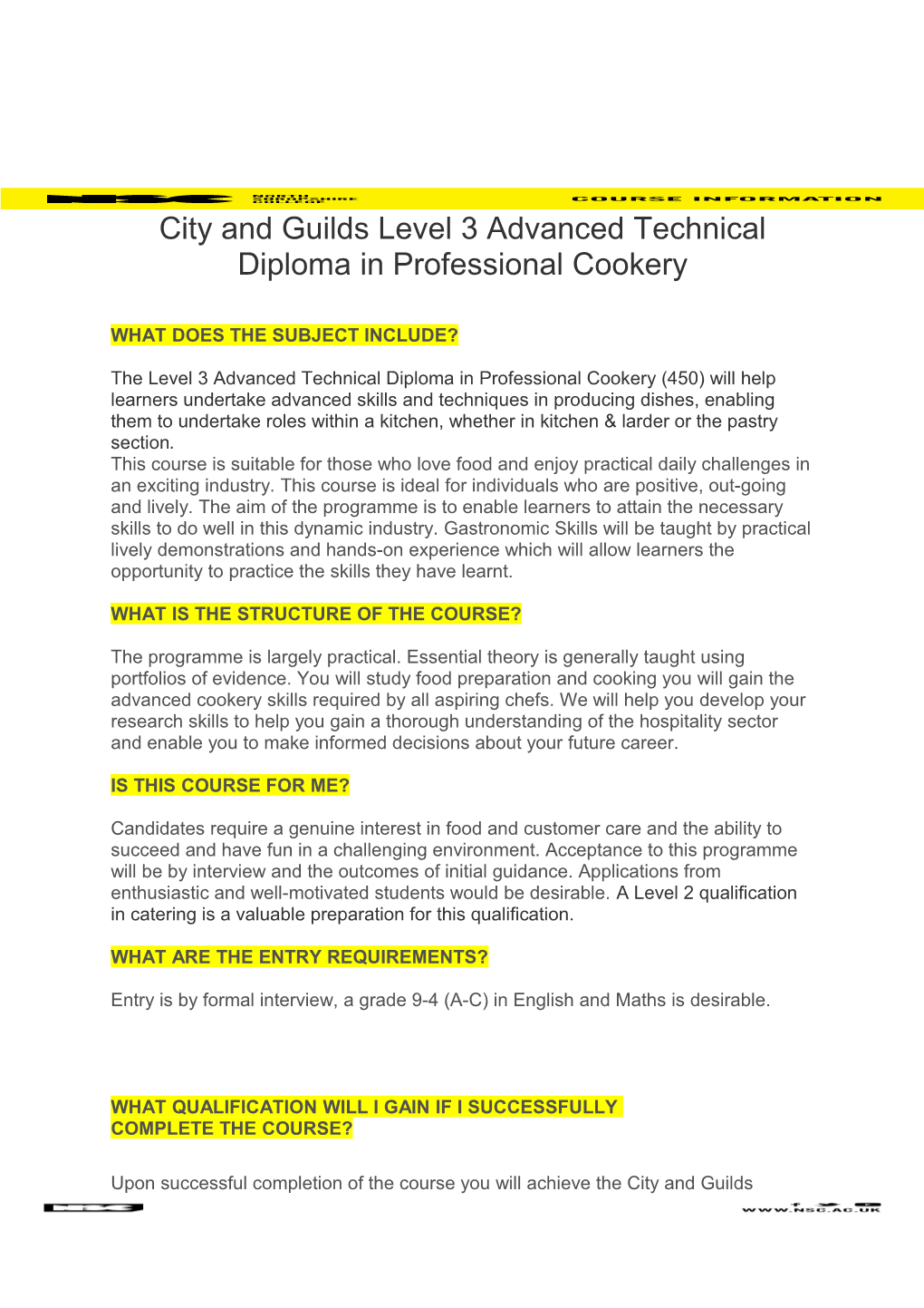 City and Guilds Level 3 Advanced Technical Diploma in Professional Cookery