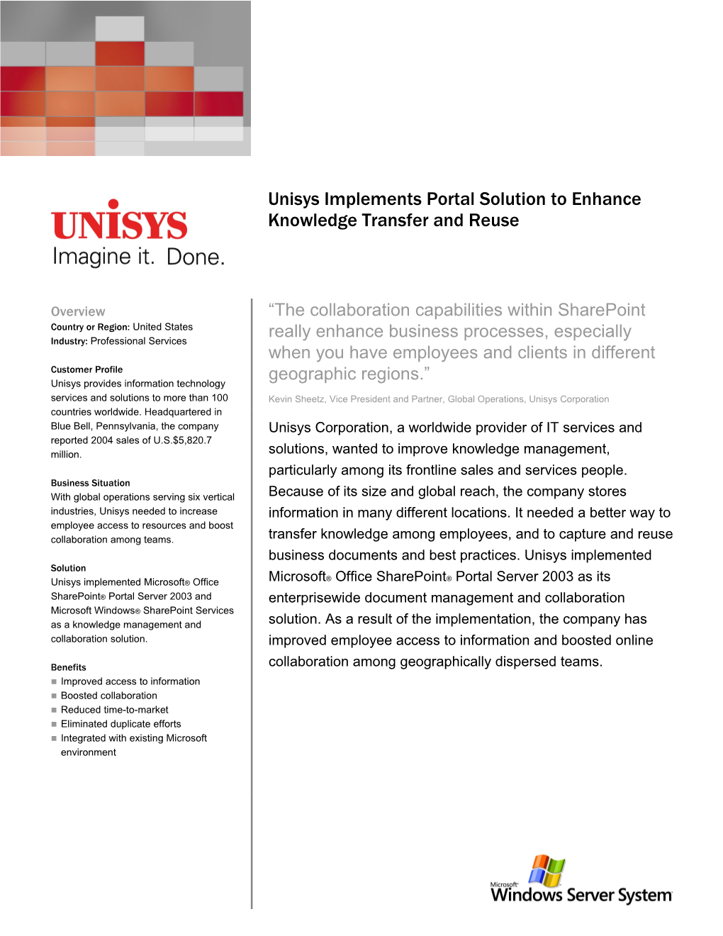 Unisys Implements Portal Solution to Enhance Knowledge Transfer and Reuse