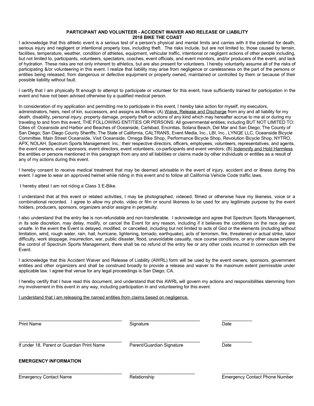 Participant and Volunteer - Accident Waiver and Release of Liability