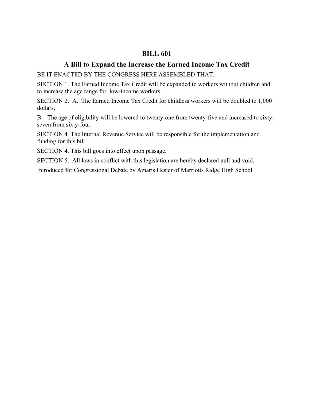 A Bill to Expand the Increase the Earned Income Tax Credit