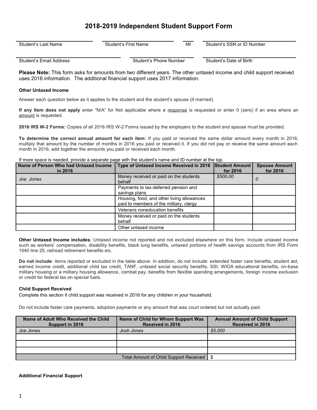 2018-2019Independent Student Support Form